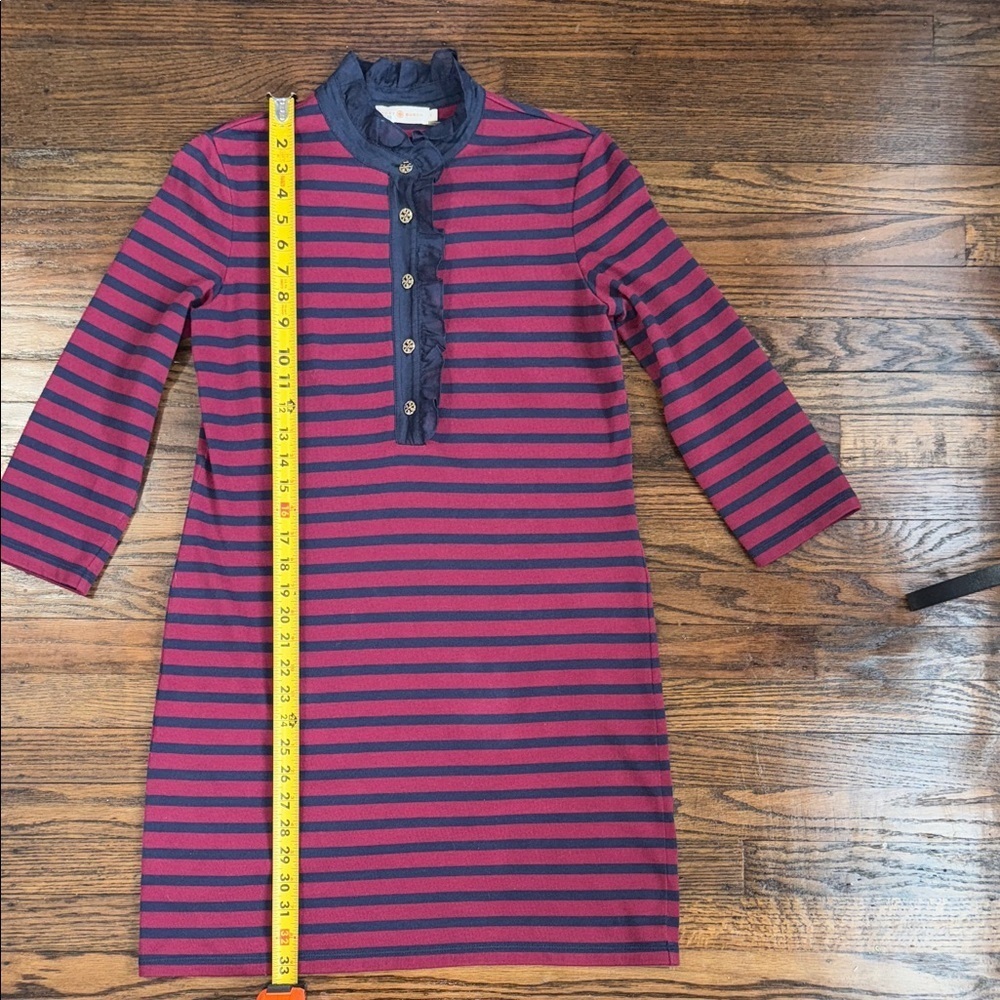 Tory Burch Striped Cotton Shift Dress Red Navy Ruffle Neck Logo Buttons Size S - Picture 8 of 11